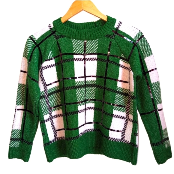 Topshop Sweaters - TOPSHOP Green & White Check Plaid Sequins Cropped Knit Sweater Size 2